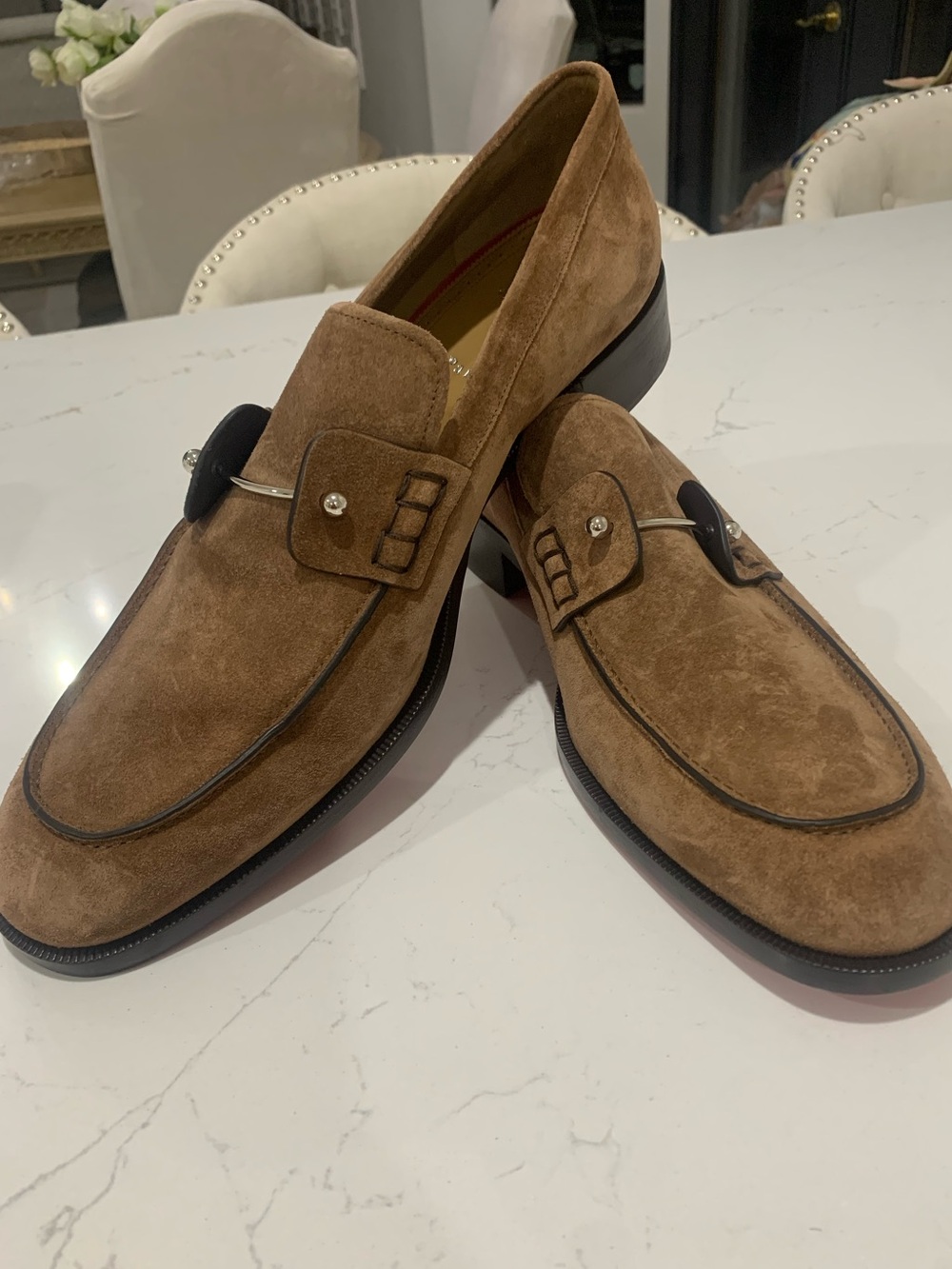 CHRISTIAN LOUBOUTIN Chambelimoc Embellished Suede Loafers Size 46 EU